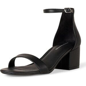 Womens Black Pu Faux Suede Two Strap Open Rounded Toe Chunky Block Heeled Sandal